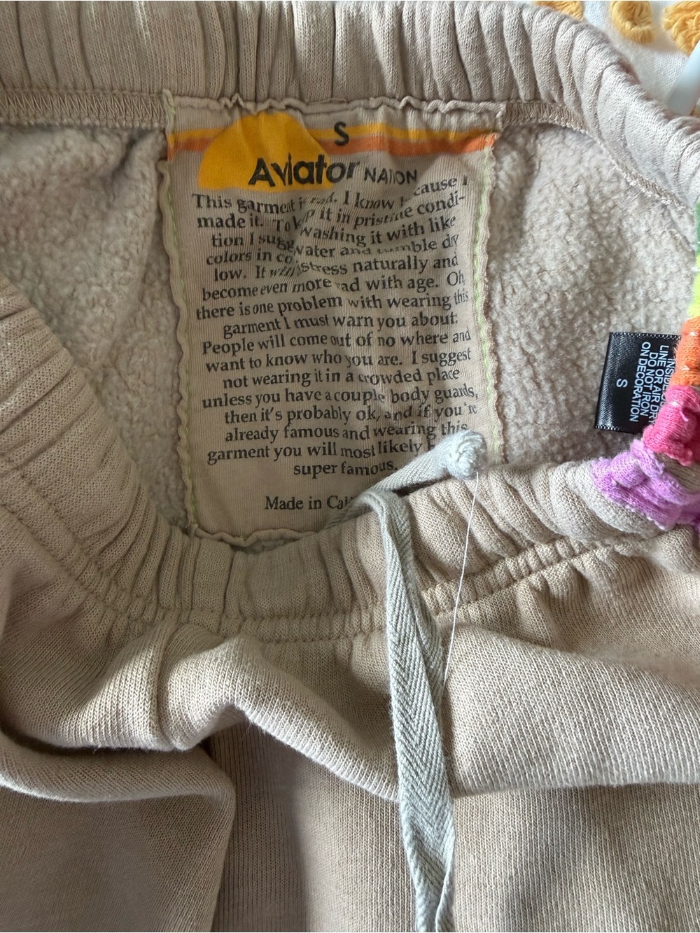 Aviator Nation Tan Hoodie and tan sweatpants with Rainbow Stripe Accents SET - Picture 9 of 9